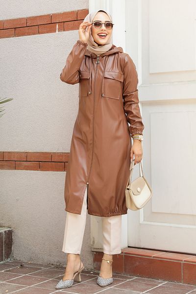 Neva Style Capac Hijab cu glugă din piele maronie - 1503TB