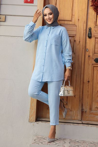 Neva Style Set dublu Hijab Baby Blue - Detaliu Gingham, 12191BM