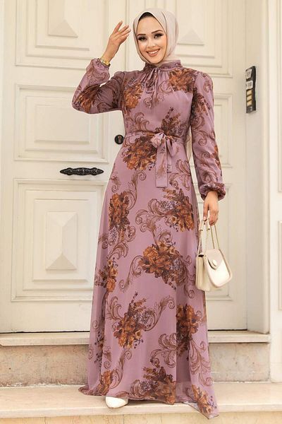 Neva Style Floral Patterned Dusty Rose Hijab Dress 27921Gk
