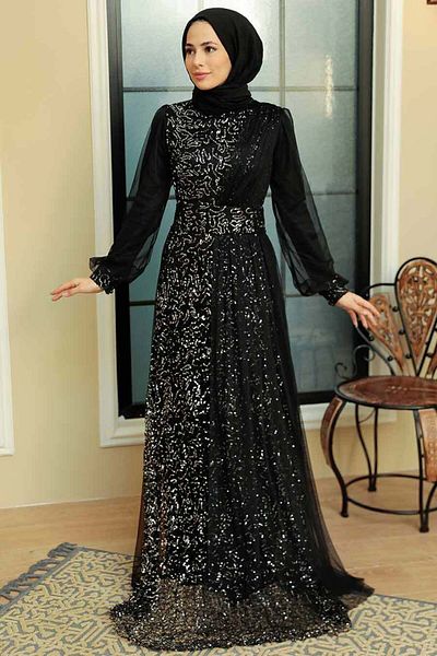 Neva Style Rochie de seară hijab argintie brodata cu paiete 5696gms