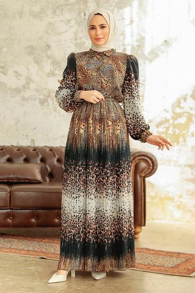 Neva Style - Leopard Print Mustard Hijab Dress 3878hr