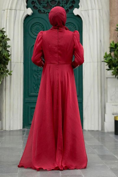Neva Style Rochie de seara musulmana burgundy brodata cu margele 25854br