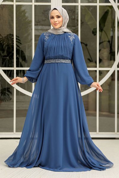 Neva Style Βραδινό φόρεμα με ντραπέ με λεπτομέρειες Indigo Blue Hijab 25879ım