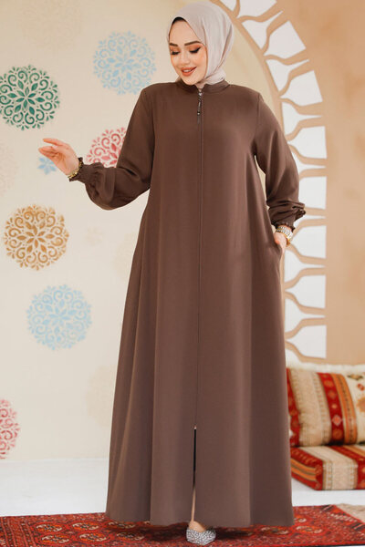 Neva Style Καφέ Hijab Ferace με φερμουάρ 45287KH