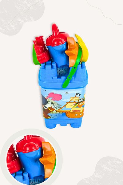 BubbyPlay Pirate Castle Bucket Summer Beach Set Bucket, Pitcher, Shovel, Rake, 2 Sand Molds Mixed Color