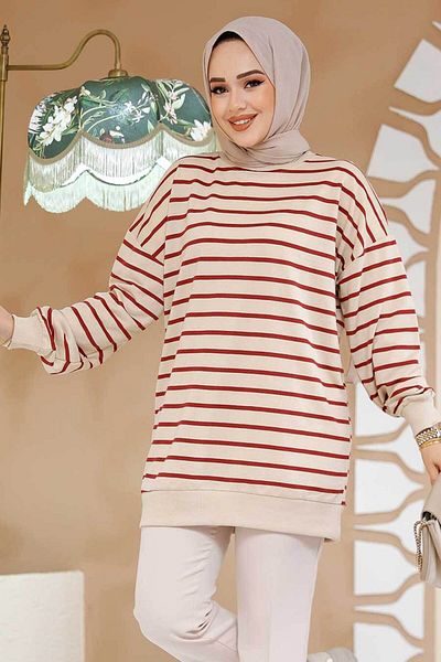 Neva Style Tunica Hijab cu dungi rosii Claret - 30175BR