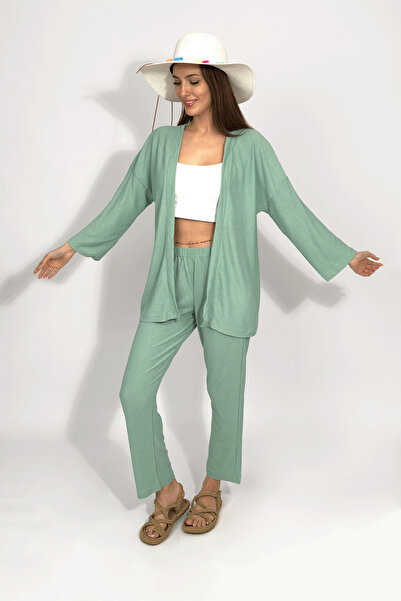 Betimoda Mint Green Comfortable Women's Kimono Set - Pants and Top Set