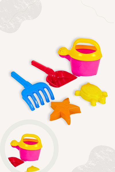BubbyPlay Summer Beach Set Pitcher, Shovel, Rake, Mix 2 Sand Molds Mixed Color