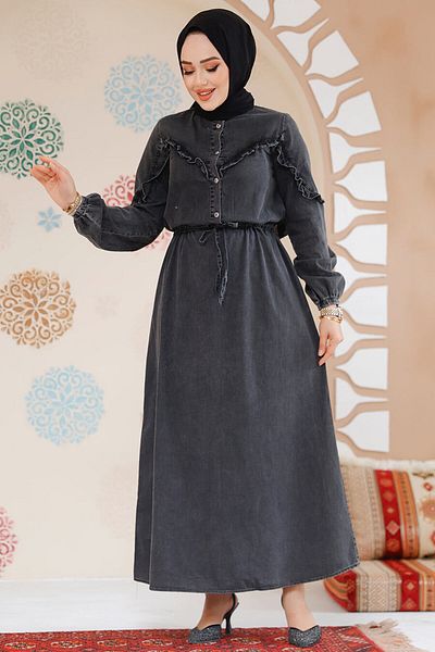 Neva Style Rochie hijab cu nasturi de culoare antracit - 19136ANT