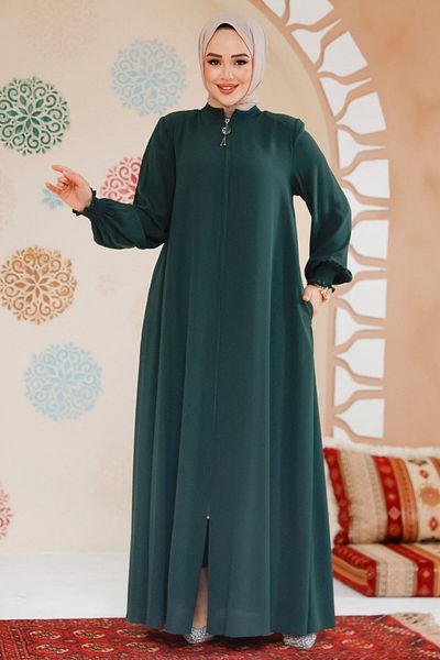 Neva Style Emerald Green Zippered Hijab Ferace - 45287Zy