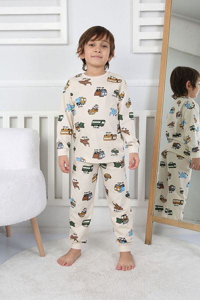 yagmurgiyim Pajamas for Boys - Beige, 100% Cotton, 3-8 Years, Vehicles Pattern 32231-B