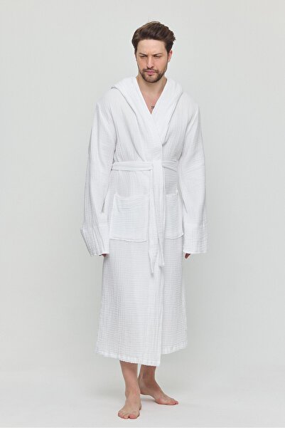 Zeliha Baysan Men's Muslin Pocket Tie Hooded White Bathrobe