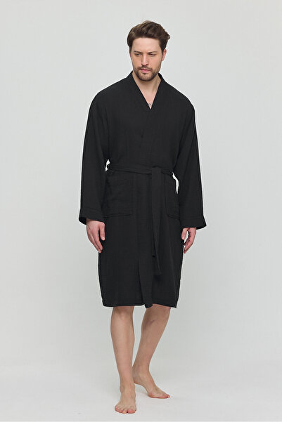Zeliha Baysan Erkek Müslin Bağlamalı Cepli Siyah Oversize Sabahlık
