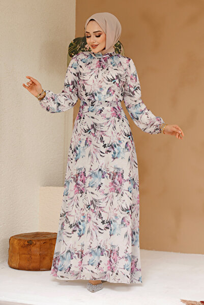 Neva Style Φόρεμα Hijab εκρού με φλοράλ σχέδιο 27973E