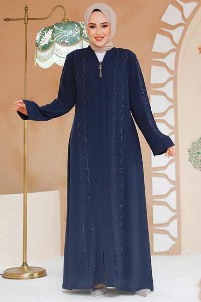 Neva Style Bead Embroidered Navy Blue Hijab Ferace 29113L