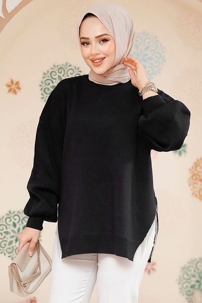 Neva Style Tricotaj Hijab Negru Detaliat Lanț Pulover Tunica 17202s