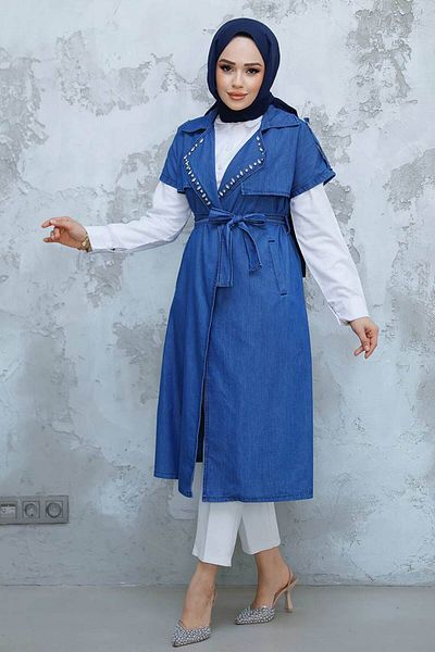 Neva Style Bead Embroidered Navy Blue Hijab Vest 6572L