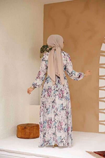 Neva Style Φόρεμα Hijab εκρού με φλοράλ σχέδιο 27973E
