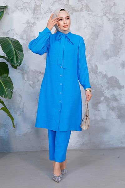 Neva Style Blue Hijab Double Suit with Pleated Handles 51991m