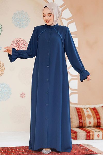 Neva Style Buttoned Petrol Blue Hijab Ferace 45275Pm