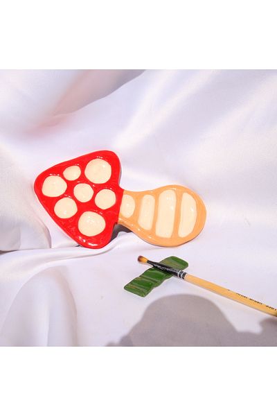 Lily & Loly Ceramics Mini Handmade Ceramic Mushroom Painting Palette and Green Brush Holder Set of 2 7Cm*14Cm