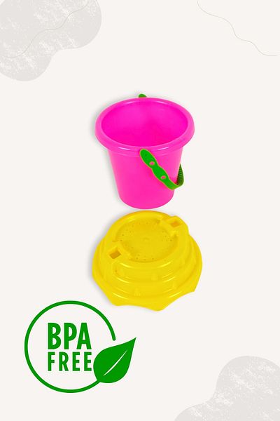 BubbyPlay Small Summer Beach Bucket Set Bucket, Shovel, Rake, Mix 1 Sand Molds Mixed Color