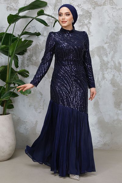 Neva Style Beaded Navy Blue Hijab Evening Dress 50261L