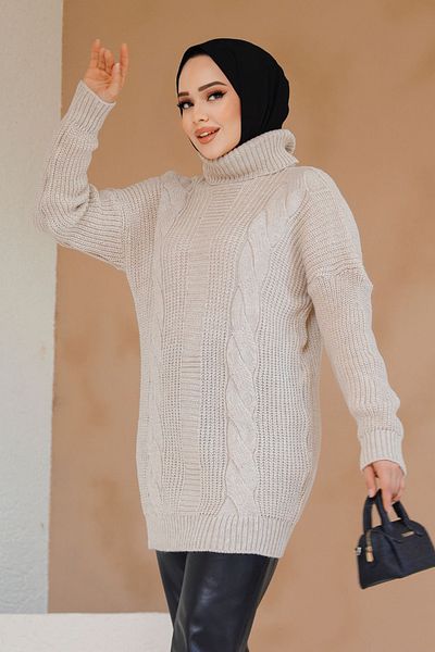 Neva Style Tricotaj Hijab Bej Pulover Tunica 40674bej