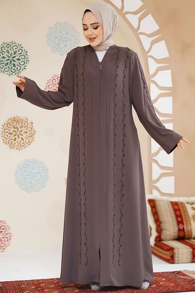 Neva Style Χάντρες Κεντημένο Καφέ Hijab Ferace 29113KH