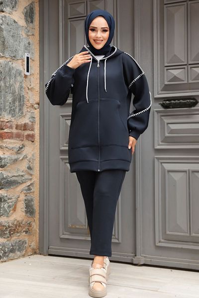 Neva Style طقم حجاب مزدوج بسحاب باللون الأزرق الداكن - 12621L