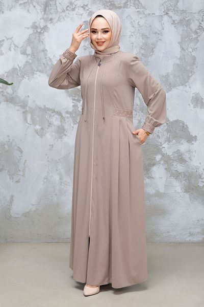 Neva Style حجاب بتفاصيل طيات باللون البيج الداكن - 45271KBEIGE
