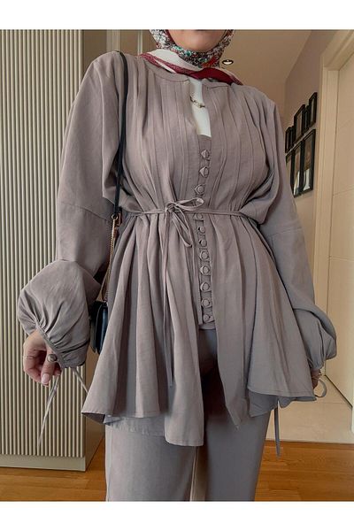 Aselim Hijap Moda Roza Buttoned Imported Woven Fabric Shirt Double Suit Mink