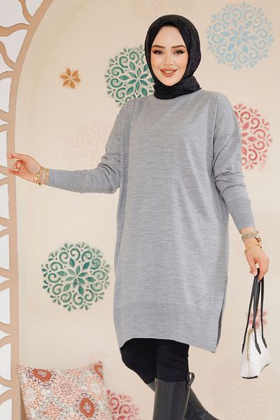 Neva Style Tricotaj Hijab Gri Pulover Tunica 17203gr