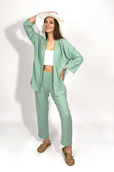 Betimoda Mint Green Comfortable Women's Kimono Set - Pants and Top Set