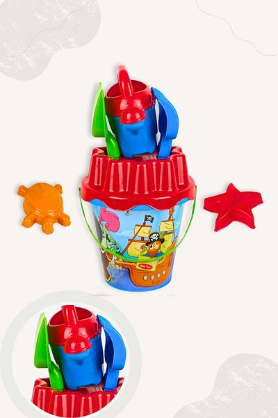BubbyPlay Pirate Summer Beach Bucket Set Bucket, Pitcher, Shovel, Rake, 2 Sand Molds Mixed Color