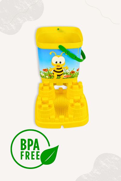 BubbyPlay Bee Castle Bucket Summer Beach Set Bucket, Shovel, Rake, 1 Sand Mold Mixed Color