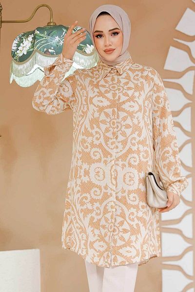 Neva Style تونيك حجاب فيسكوز - منقوش، بسكويت 11663BS