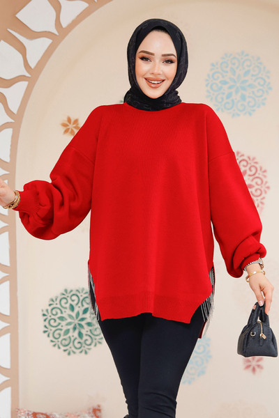 Neva Style Chain Detailed Red Hijab Sweater Tunic 17202K