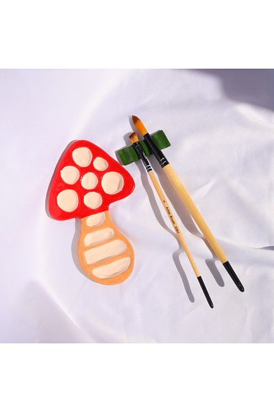 Lily & Loly Ceramics Mini Handmade Ceramic Mushroom Painting Palette and Green Brush Holder Set of 2 7Cm*14Cm