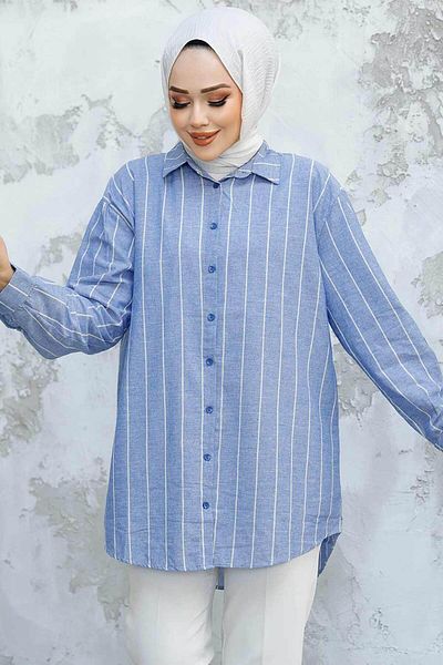 Neva Style Cămașă Hijab Albastră în dungi 52294m