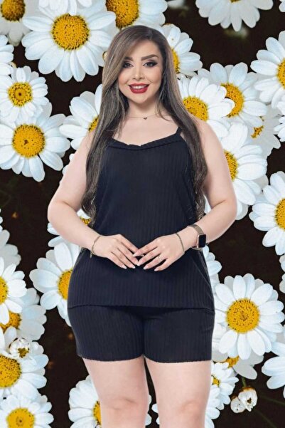 Freeista Black Plus Size Pajama Set with Shorts