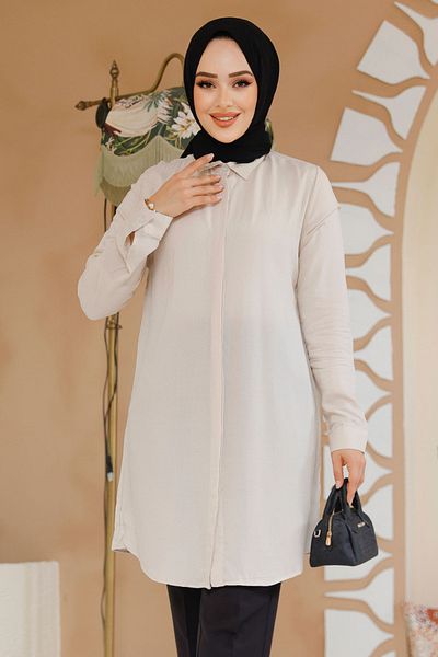 Neva Style تونيك حجاب بيج بأزرار 11715bej