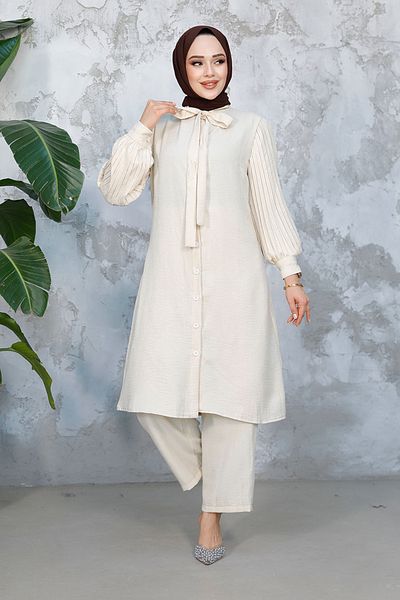 Neva Style Set de două piese hijab crem cu mâneci plisate 51991KR
