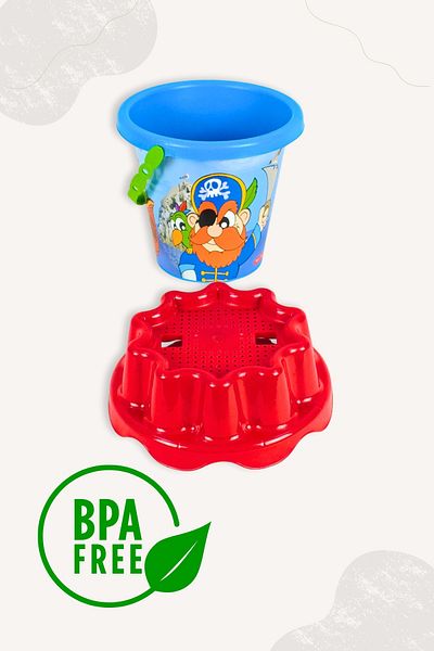 BubbyPlay Pirate Large Summer Beach Bucket Set Bucket, Shovel, Rake, 1 Sand Mold Mixed Color