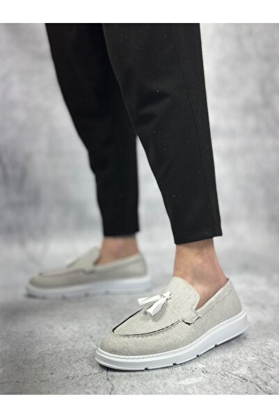 TUGERDİ Gray Linen Tasseled Tasseled Laceless White High Light Sole Classic Men's Shoes