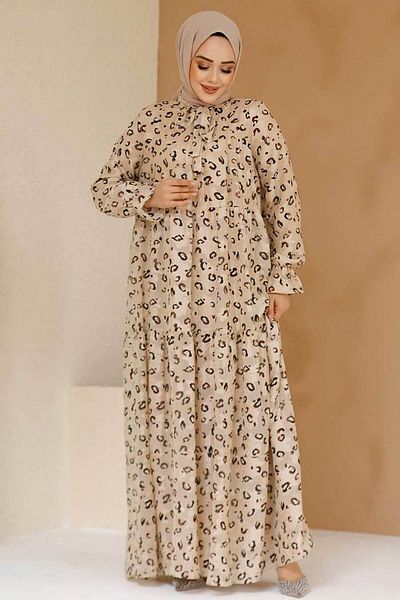 Neva Style Beige Hijab Chiffon Dress - Print, Model No: 23602Beige
