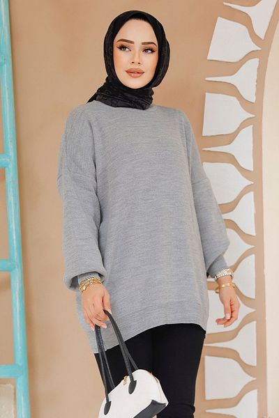 Neva Style Tricotaj Hijab Gri Pulover Tunica 17201gr