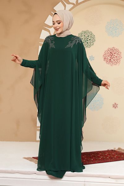 Neva Style Poncho Detailed Emerald Green Hijab Abaya Dress 25908Zy