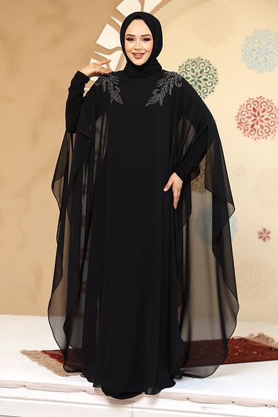 Neva Style Poncho Detailed Black Hijab Abaya Dress 25908S