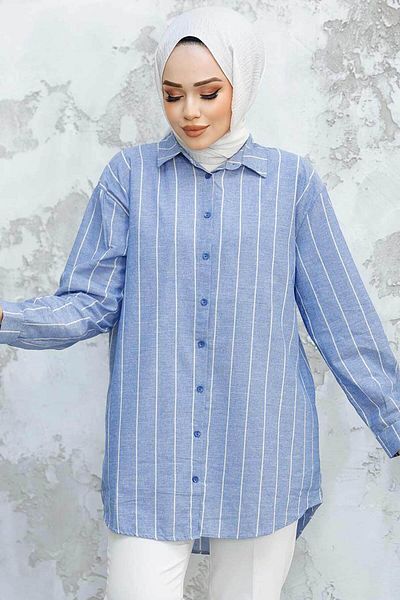 N.S NEVA STYLE Cămașă Hijab albastră cu dungi 52294M